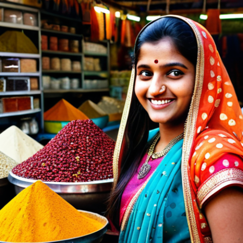 **

A young Indian woman in traditional sari, smiling, standing in a vibrant Delhi marketplace filled with colorful spices and textiles. Warm, natural lighting, professional photography.

**