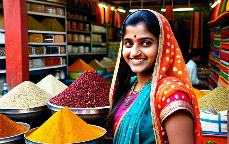 **

A young Indian woman in traditional sari, smiling, standing in a vibrant Delhi marketplace filled with colorful spices and textiles. Warm, natural lighting, professional photography.

**